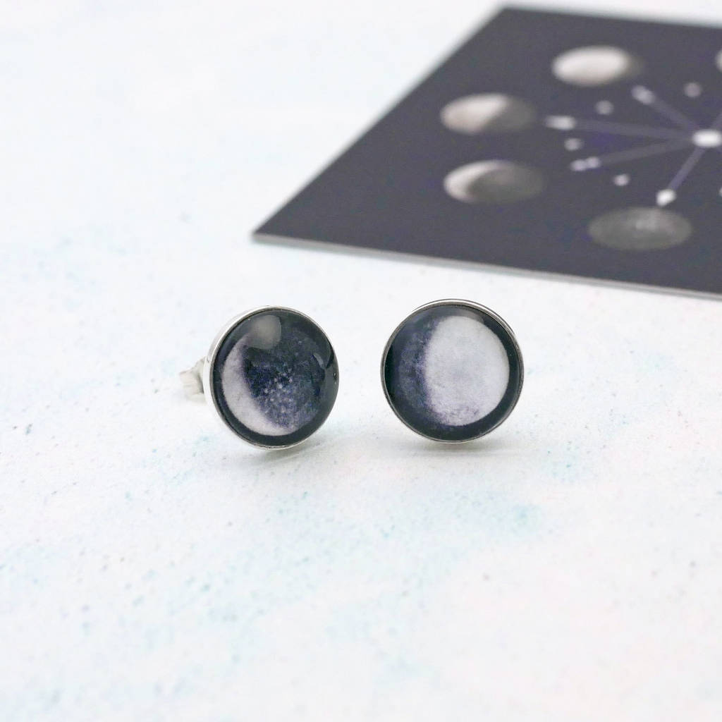 Sterling Silver Custom Moon Phase Stud Earrings By Cassiopi | notonthehighstreet.com