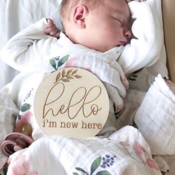 Wooden Baby Announcement Hello World Name Engraved Sign, 6 of 10