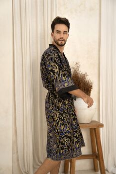 Men's Navy And Gold Batik Kimono Robe, 3 of 8