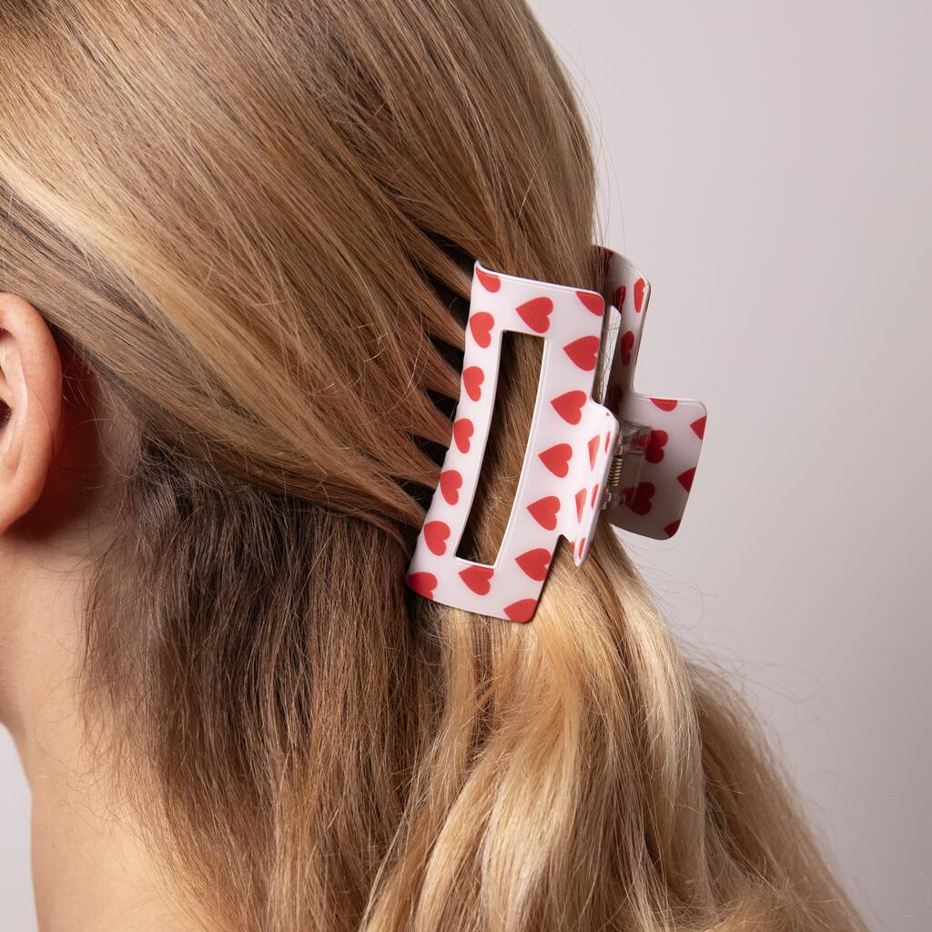 White And Red Hearts Rectangle Claw Clip