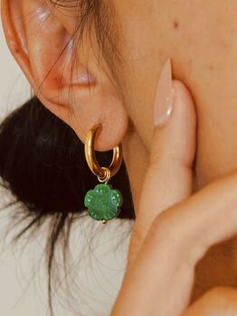 Botan Flower Natural Green Jade Huggie Hoop Earrings, 4 of 10