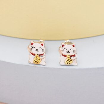 Sterling Silver Japanese Maneki Neko Cat Stud Earrings, 3 of 11