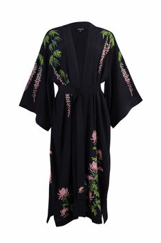 Wisteria And Chrysanthemum Black And Pink Embroidered Long Kimono, 9 of 12