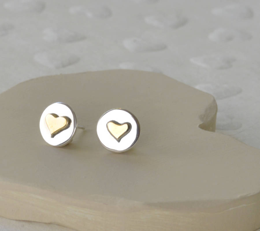 Gold Heart Studs On Sterling Silver Disc Earrings By Tales From The Gold Heart Studs On Sterling Silver Disc Earrings
