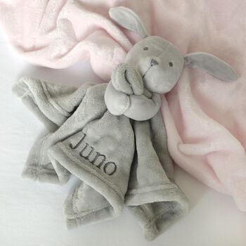 Personalised Grey Bunny Rabbit Unisex Baby Comforter, 3 of 9