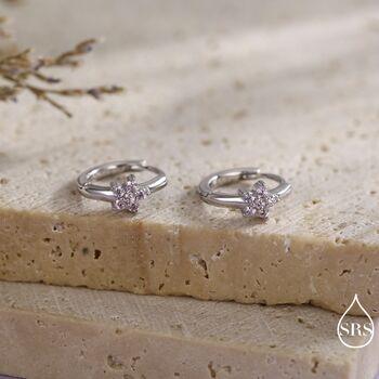 Sterling Silver Pale Pink Cz Flower Huggie Hoops, 5 of 12
