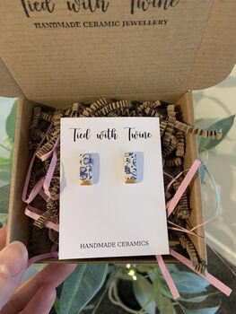 Blue And Gold Floral Ceramic Bar Stud Earrings, Minimalist Rectangular Studs, 9 of 10