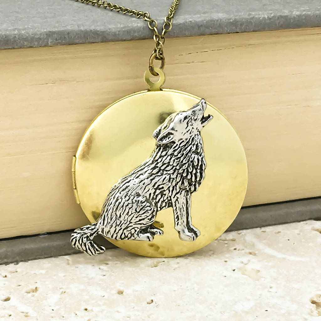 Wolf Locket Necklace Pewter & Brass Pendant, 1 of 3