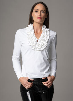 Katiana White Frill Neckline Cotton Jersey Shirt, 4 of 4