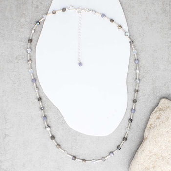 Luna 16 Inch Beaded Monochrome Labradorite And Moonstone Necklace, 3 of 4