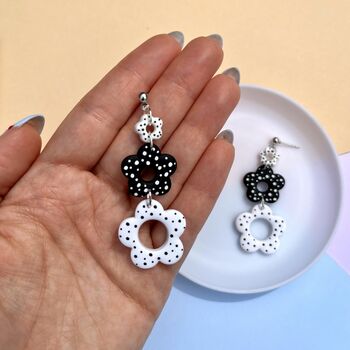 Polka Dot Black And White Flower Polymer Clay Earrings, 2 of 4