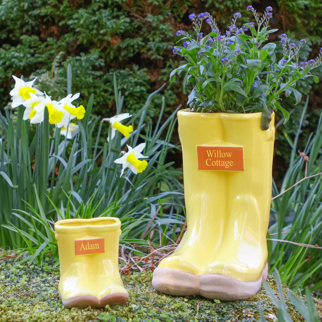 Set Of Two Personalised Yellow Welly Boot Planters By Dibor