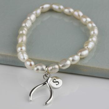 Personalised Freshwater Pearl Lucky Wishbone Bracelet, 3 of 7