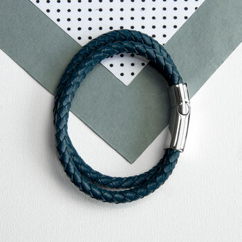 Personalised Men's Dual Leather Woven Bracelet In Teal, 4 of 5