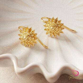 Gold Filigree Flower Hook Earrings, 18k Gold Vermeil, 6 of 9
