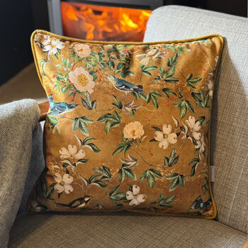Luxury Super Soft Velvet Cushion Wild Rose Birds Gold Optional Piping, 3 of 8