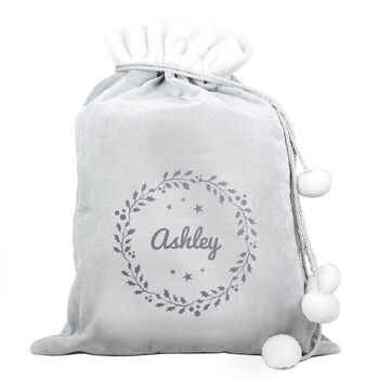 Personalised Holly Wreath Silver Grey Pom Pom Sack, 5 of 5