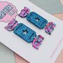 Christmas Cracker Glitzy Glitter Resin Christmas Earrings Red And Gold And Blue And Purple, thumbnail 5 of 8