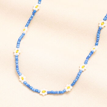 Stainless Steel Blue Beaded Flower Charm Necklace In Gold Plating, 3 of 5