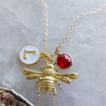 Personalised Gold Bee Initial And Birthstone Necklace, 3 of 7