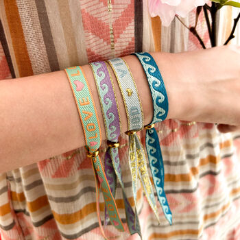 Set Of Four Festival Ribbon Bracelets, Waves/Words, 2 of 5