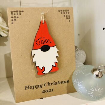 Personalised Gonk Christmas Card Wood Gnome Decoration, 2 of 10