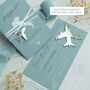 Dusty Blue Wedding Boarding Pass Save The Date With Silver Magnetic Plane, thumbnail 6 of 6