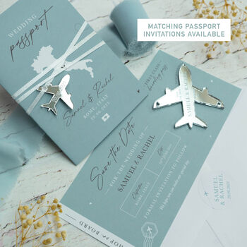 Dusty Blue Wedding Boarding Pass Save The Date With Silver Magnetic Plane, 6 of 6