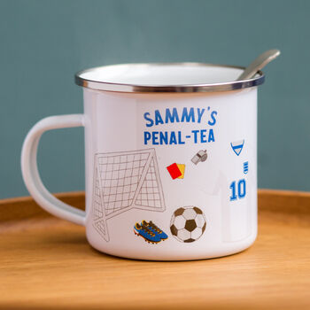 Personalised Enamel Mug – Footie Shirt And Goal Post Design, 4 of 5