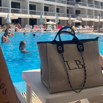 Personalised Beige And Black Large Chain Tote Beach Bag, 2 of 7