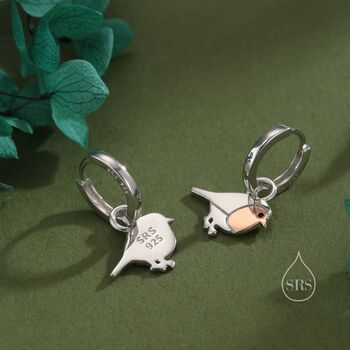 Robin Bird Dangle Huggie Hoops In Sterling Silver, 4 of 11