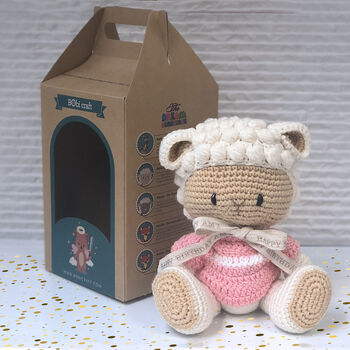 Hand Knitted Brown Lamb Bear With Personalised Ribbon, 2 of 7