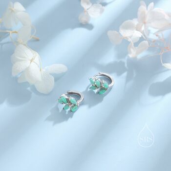 Sterling Silver Green Opal Leaf Huggie Hoop Earrings, 2 of 10