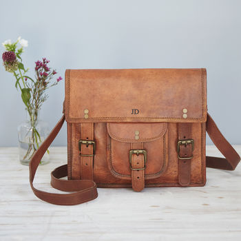 Personalised Vintage Style Brown Leather Satchel Bag, 4 of 9