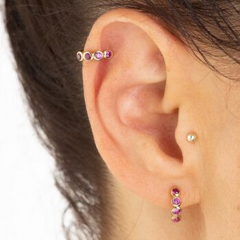 Silver Bezel Huggie Earrings With Pink Stones, 2 of 4