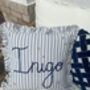 Hand Embroidered Personalised Cushion Blue Stripe With Frill Trim, thumbnail 4 of 8