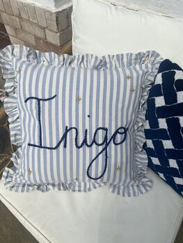 Hand Embroidered Personalised Cushion Blue Stripe With Frill Trim, 4 of 8