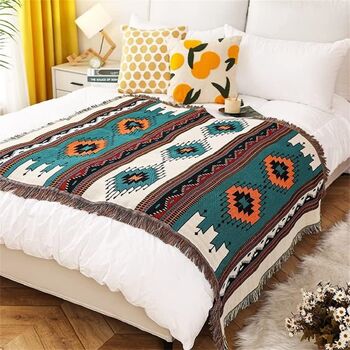 Mexican Blanket Furniture Throw In Green, Orange And Cream, 3 of 8