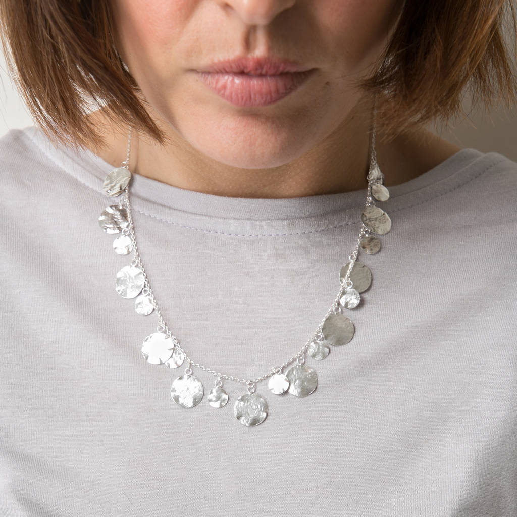 hammered silver disc short necklace by rochelle shepherd jewels. gold