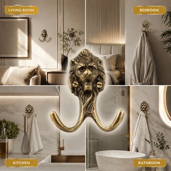Vintage Brass Lion Wall Hooks Set Of Two, 8 of 9