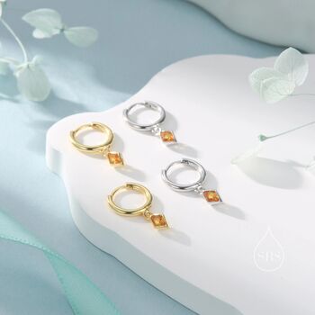 Very Tiny Rhombus Citrine Yellow Cz Huggie Hoop In Sterling Silver, 4 of 12