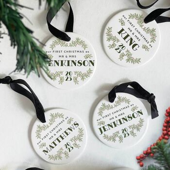 First Christmas Married Personalised Ceramic Bauble, 8 of 8
