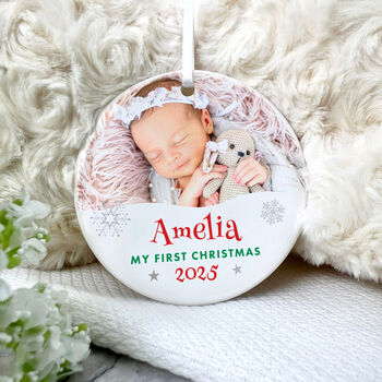 My First Christmas Photo Ceramic Disc Hanging Decoration Bauble + Gift Box, 3 of 5