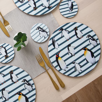 Penguin Waddle Placemat With Dark Blue Stripe, 3 of 5
