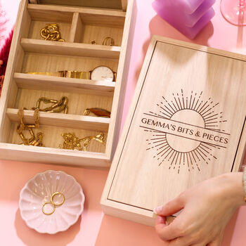 Personalised Sun Wooden Jewellery Case With Mirror, 5 of 12