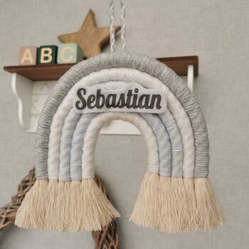 Personalised Rainbow Macrame, Grey Nursery Wall Hanging, 10 of 11