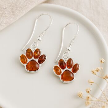 Sterling Silver Baltic Amber Paw Print Drop Earrings: Cat And Dog Lover Gift – 15mm, 8 of 9