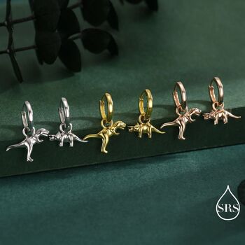 Sterling Silver Mismatched T Rex And Triceratops Hoop Earrings, 5 of 12
