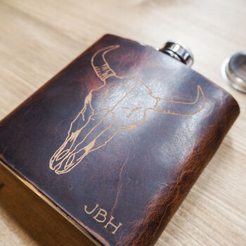 Personalised Bison Skull Leather Hip Flask, 3 of 6