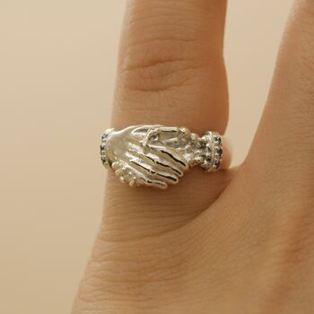 Skeleton Fede Handshake Ring With Sapphire Cuffs, 4 of 4